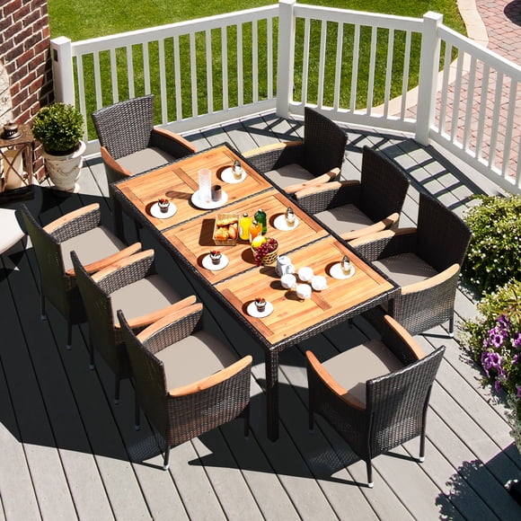 Costway 9PCS Patio Rattan Dining Set 8 Stackable Chairs Cushioned Acacia Wood Table Top
