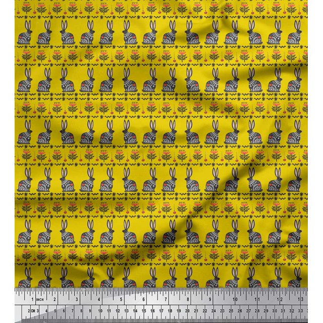 Soimoi Yellow Cotton Poplin Fabric Flower & Rabbit Folk Art Fabric Prints By Yard 42 Inch Wide