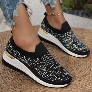 Espadrilles Orthopédiques à Plateforme Compensée pour Femmes avec Paillettes et Décor en Strass, Chaussures de Tennis Scintillantes en Maille Respirante pour Femmes, Chaussures Décontractées à Enfiler pour la Marche