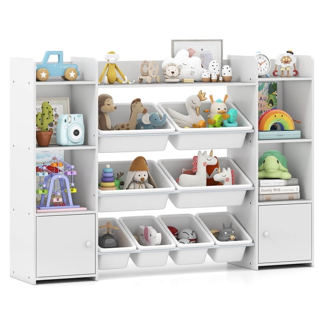 Costway 4-Tier Large Storage Cabinet with 6 Cubbies & 8 Removable Bins Bookshelf in white. This versatile organizer includes four open compartments, two single-door cabinets, and eight removable bins in small and large sizes, perfect for storing toys, books, and other items. The child-friendly design features rounded corners, raised edges, and easy-to-grip round knobs for safety and convenience. The cabinet is made of MDF, metal pipes, and plastic, measuring 56 inches long, 12 inches wide, and 39 inches high, making it suitable for kids' bedrooms, playrooms, or living areas.