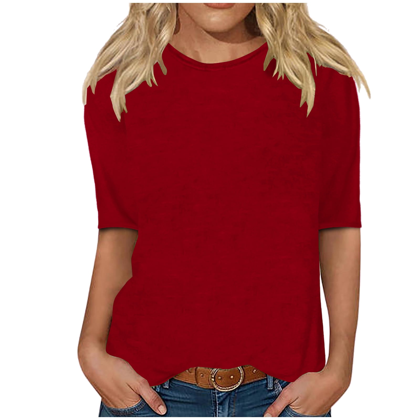 CFLVAEK Elbow Length Sleeve T Shirts Womens Solid Color Shirt Loose Fitted Basic Round Neck Blouses
