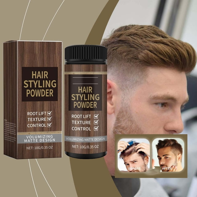Dvkptbk Hair Thickening Powder for volumizing and texturizing hair, shown in a 10g container with a matte design. The packaging highlights features such as root lift, texture, and oil control. Positioned next to the container is a box with matching branding. The background includes a blurred image of a styled haircut, emphasizing the product's use for achieving salon-quality results.