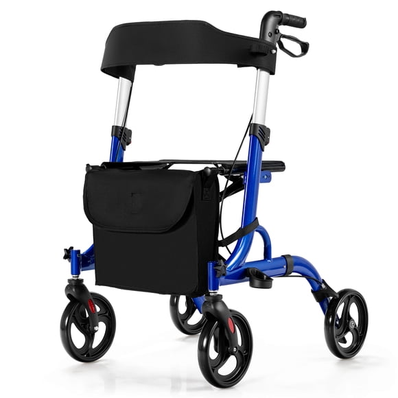 Giantex Déambulateur à Roulettes 2-en-1 en Aluminium avec Siège, Aide à la Mobilité et à la Marche Pliable avec Poignées et Roues Réglables en Hauteur, Bleu