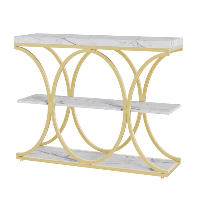BeesClover 3-Tier Narrow Console Table, Modern Sofa & Entryway Table with Open Shelves & Geometric Metal Legs, for Living Room, Hallway, Foyer