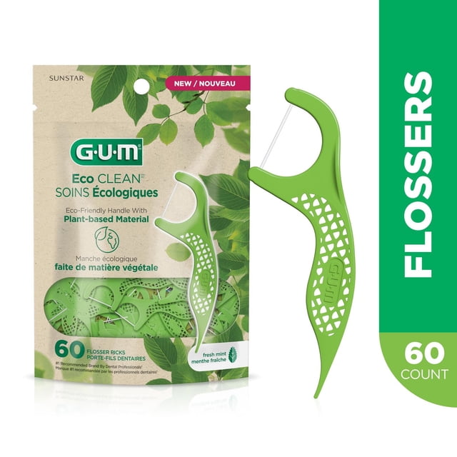 GUM® Eco Clean™ Flosser, Mint, 60 Count with eco-friendly green flossers made from 70% plant-based material, featuring strong waxed floss that removes 2X more plaque and a sturdy pick for food particles, packaged in a resealable bag with 60 floss picks and fresh mint flavour.
