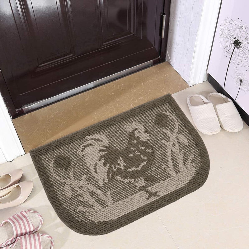 Décor Luxe Antidérapant Dos en Caoutchouc Sécurité Ultra Absorbant l'Eau Doux Durable Tissé Moelleux Tapis de Couloir Sol Intérieur Cuisine; Design Coq Brun Ensemble 2 Pcs