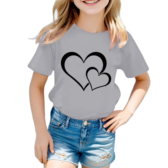 T-shirt Graphique Mignon pour Fille, Col Rond, Manches Courtes, Été, Décontracté, Hauts, T-Shirts et Chemises pour Filles, Gris 120/7 A-8 A