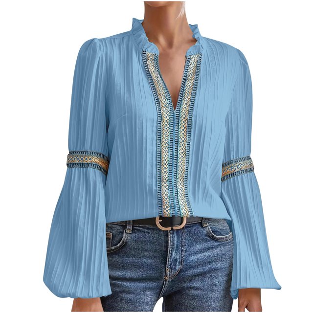 Timegard Women's Tops Lace Ruffle V Neck Long Sleeve Work Dressy Casual Loose Tops Fall Fashion Blouse