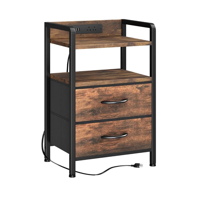Outdoor Side Table 2-Tier with Storage – Modern Rustic End Table with 2 Fabric Drawers & Iron Frame – Compact Design for Patio, Bedroom, Living Room – Wood Color (1-Pack)