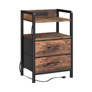 End Table with 2 Drawers & Open Shelf, Metal Frame Nightstand, Black/Brown/White