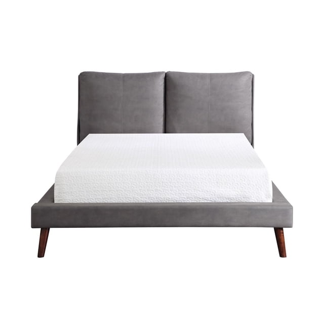 Topline Home Furnishings Upholstered Platform Bed with USB Ports, Grey, front view of a mid-century modern platform bed with a grey polished microfiber frame, fully upholstered headboard and footboard with dual padded bolster cushions featuring vertical stitching, supported by angled espresso-finished solid wood legs, and USB charging ports on both sides of the headboard, ideal for contemporary bedrooms.