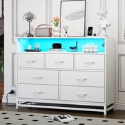 Black Dresser with 7 Drawers for Bedroom, Wooden Long Dresser with Led Lights and Charging Station, Modern Wide Chest of Drawers with Large Capacity Storage for Living Room, Hallway, White