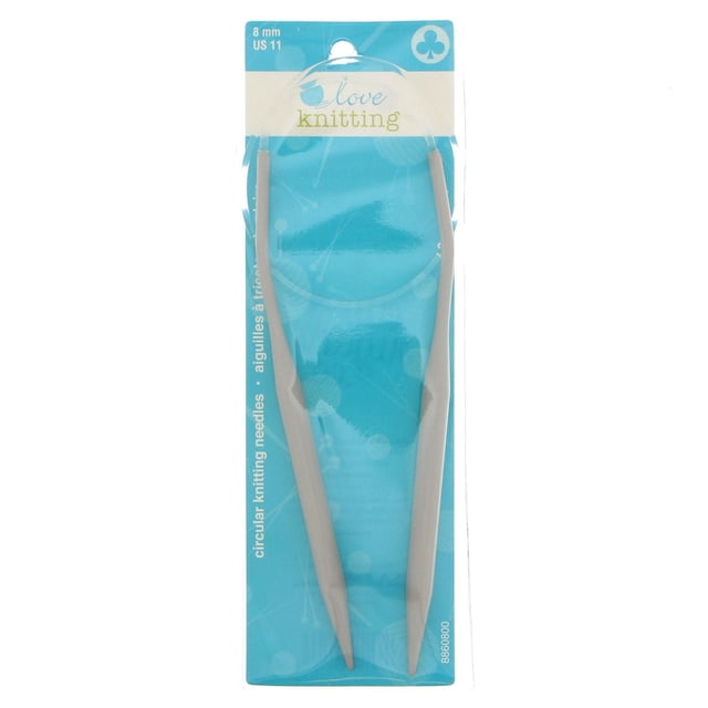 Love Knitting 24" Circular Knitting Needles in 8 mm size, beige aluminum needles connected by a clear flexible cable, shown on a blue card with knitting-themed graphics and brand logo, suitable for knitting in the round and various yarns.