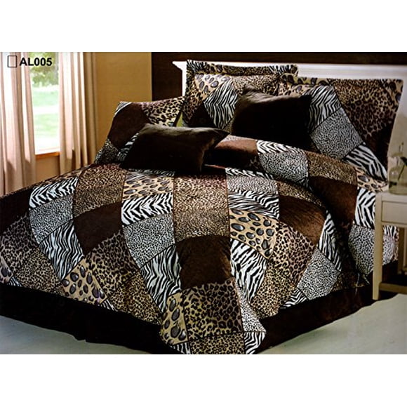 7 Piece King Size Safari Comforter Set - Zebra, Giraffe, Leopard, Tiger Etc - Multi Animal Print Bed in a Bag Brown Beige Black White Micro Fur Bedding