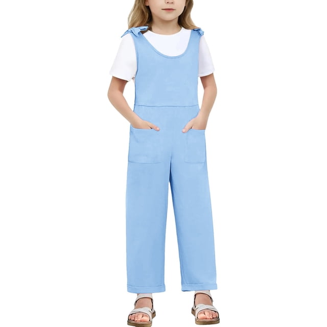 MIASHUI Combinaisons pour Fille Été Sans Manches Salopettes Enfants Col Rond Pantalons Longs Barboteuses, Bleu, 11-12 Ans