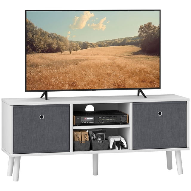 HOMCOM Meuble Télé avec Étagères et Tiroirs en Blanc et Gris, Conçu comme une console Multimédia Polyvalente. Comprend Deux Tiroirs en Tissu Amovibles, Deux Étagères Ouvertes et un Plateau Plat Convenant aux Téléviseurs jusqu'à 50 Pouces. Prend en Charge des Pieds en Bois à Cinq Angles et Comprend des Trous de Gestion des Câbles à l'Arrière. Dimensions : 43,3 Pouces de Large, 11,4 Pouces de Profondeur et 18,3 Pouces de Hauteur.