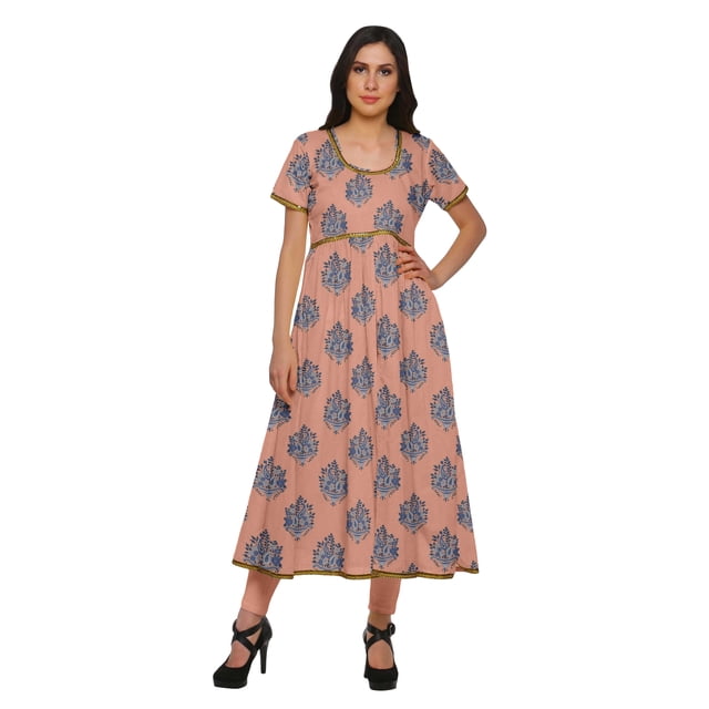 Moomaya Robe Kurti Longue Indienne Imprimée en Coton Tunique Robes pour Femmes