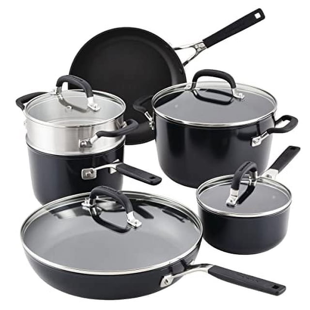KitchenAid Batterie de Cuisine Antiadhésive Anodisée Dure/ensemble de Casseroles et Poêles, 10 Pcs, Noir Mat