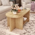 thumbnail image 4 of Wirrytor Oval Coffee Tables Table, Coffee for Living Room Small, Fluted Coffee Table with Open Storage Shelf, Farmhouse Wood Centre Table for 2-Tier Coffee Table, Natural, 4 of 7