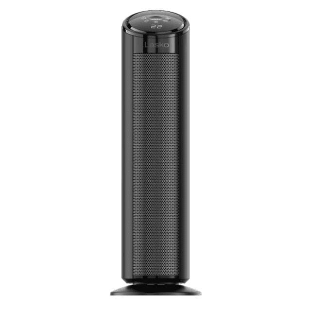 Lasko 22” Ceramic Digital Touch Control Tower Heater with Remote, featuring a sleek black design with a perforated front panel for efficient heat distribution. This portable space heater includes advanced ceramic heating technology, wide-angle oscillation for even warmth, and intuitive digital touch controls on the top panel. The included remote control allows for convenient adjustments to its versatile heat settings, including high (1500 W), low (900 W), and an Auto Eco Thermostat for energy efficiency.