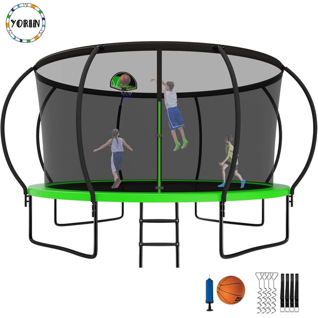 YORIN Trampoline pour Enfants de 5 à 6 Ans, Trampoline de 12 Pi pour Adultes avec Filet de Sécurité, Présenté dans un design Noir et Vert. Comprend un Panier de basketball, une Échelle et un Filet de Sécurité durable. le Trampoline a une Capacité de Poids de 1200 Lb, des Pattes en Forme de W pour la Stabilité, et un Tapis de Saut en PP de Qualité Supérieure. des Accessoires comme un Ballon de basketball, une Pompe et des Piquets de Sol Sont Inclus.