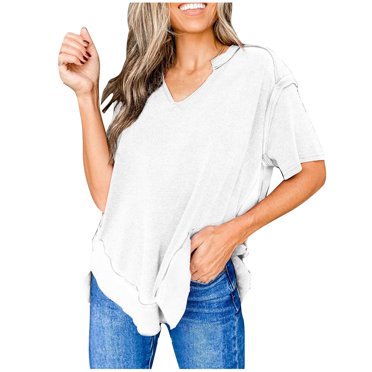 FAIWAD Womens Short Sleeve Tops Summer Dressy Casual V Neck Shirts Classic Solid Color Breathable Blouses
