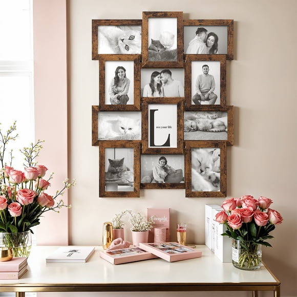 SONGMICS Collage Picture Frames, 4x6 for Wall Decor 12 Pack, Assembly Required, Rustic Brown