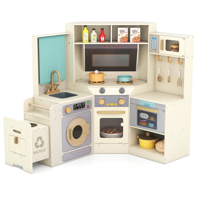 Gymax Corner Kitchen w/ Lights & Sounds Interactive Wooden Playset for Ages 3+ Beige