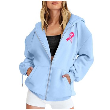 DEXIANG 2024 Chandail à Capuchon de Sport Décontracté pour Femmes d'Automne et d'Hiver à Fermeture Éclair, Manches Longues, Poche, Cordon de Serrage, Imprimé Ruban et Plume pour la Journée du Cancer, Chandail à Capuchon pour Femmes à Cordon de Serrage, Long Chandail à Capuchon pour Femme