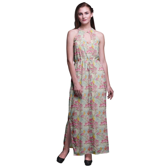 Bimba Bird Ladies Sleeveless Long Print Maxi Dress with Side Slits Summer Wear-Medium