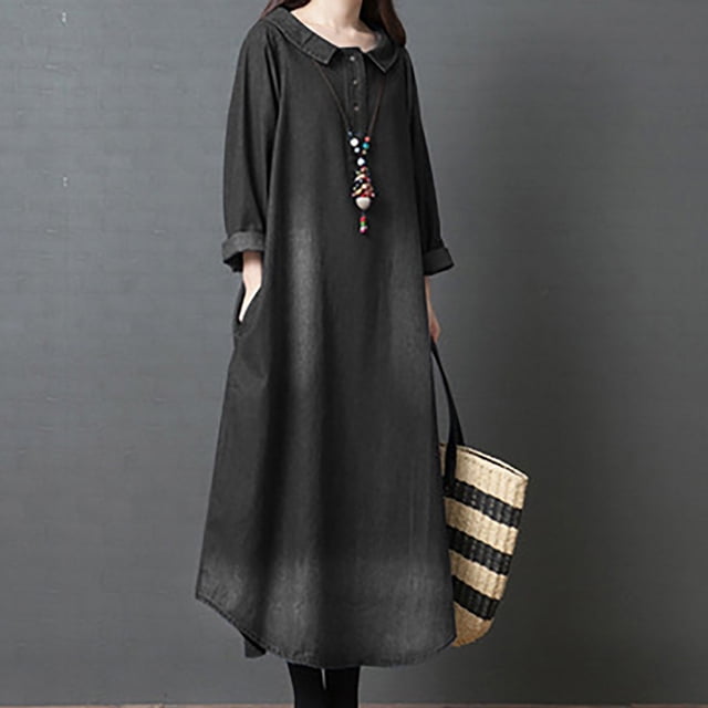 FcBaudy Longues Robe à Manches à Col Rond pour Femme, Ample, à la Mode, Confortable, Chemise-Jupe en Denim de Coton, Robe pour Femme