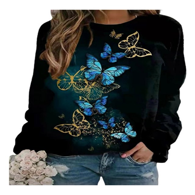 QJUHUNG Sweat-Shirt Décontracté à Manches Longues pour Femmes Papillon Imprimé Graphique Floral Pull Léger