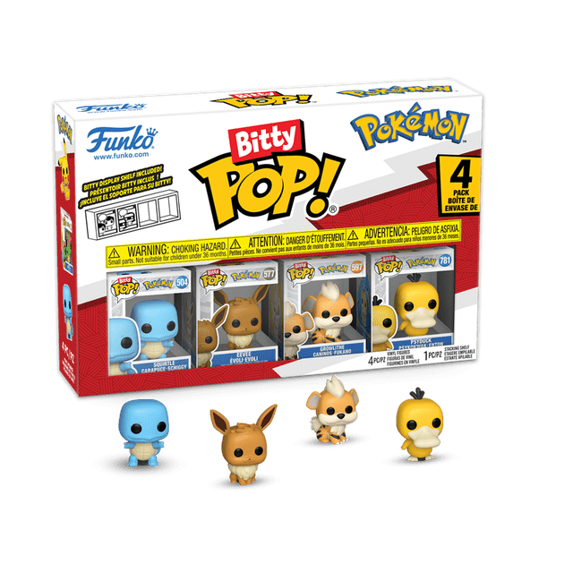 Bitty POP: Pokemon- Squirtle 4PK includes four collectible mini vinyl figures of Squirtle, Eevee, Growlithe, and Psyduck, each about 0.9 inches tall, packaged in a red and white box with clear windows and a stackable acrylic display case for arranging figures.
