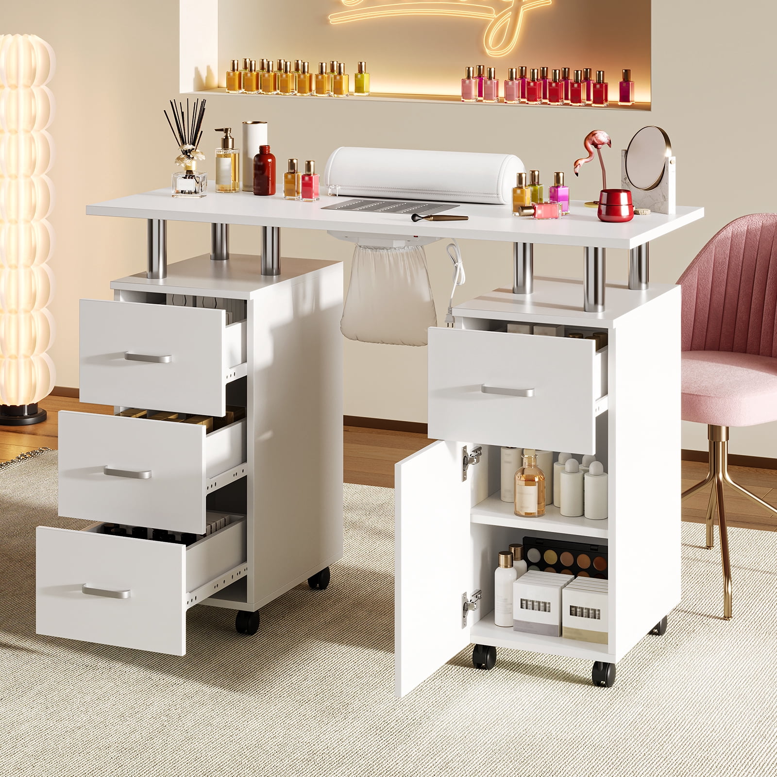 White Manicure Table with Dust Collector & 4 Drawers, Acetone Resistant ...