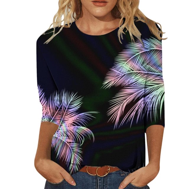EQWLJWE Blouses à Manches Longues pour Femmes Hauts pour Femmes Liquidation T-shirt Imprimé de Mode pour Femmes Blouse à Manches 3/4 Col Rond Hauts Décontractés