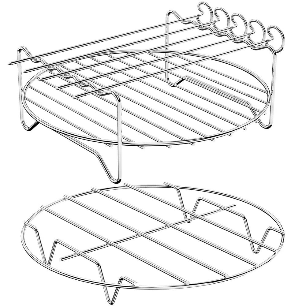 MesaSe 304 Stainless Steel Air Fryer Accessories with 5 Barbecue Sticks Set Of 2 Non-stick Air Fryer Rack Multipurpose Double Layer Rack Metal Holder for Most 5.3-5.8 QT Air Fryers Ovens