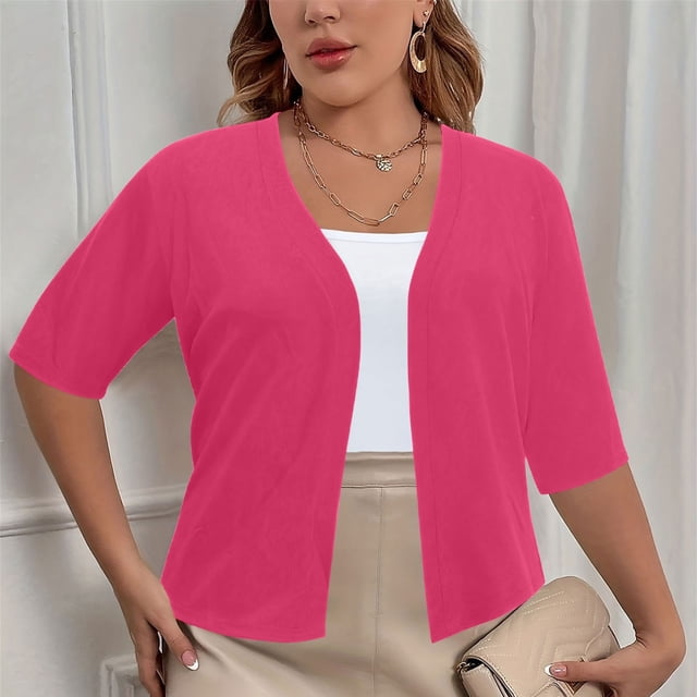 CFLVAEK Fall Cardigan Sweaters for Plus Size Women Casual Short Sleeve Open Front Shrugs Soft Solid Color Cropped Boleros Lightweight Cardigans Cover Ups Hot Pink XXXL