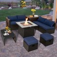 thumbnail image 2 of Patiojoy Ensemble de 9 Pcs de Meubles de Patio Extérieur avec Table de Foyer au Propane de 35 Pouces, Ensemble de Canapé Sectionnel d'Extérieur en Osier PE Gain de Place avec Coffre de Rangement et Coussins, Bleu Marine, 2 of 10