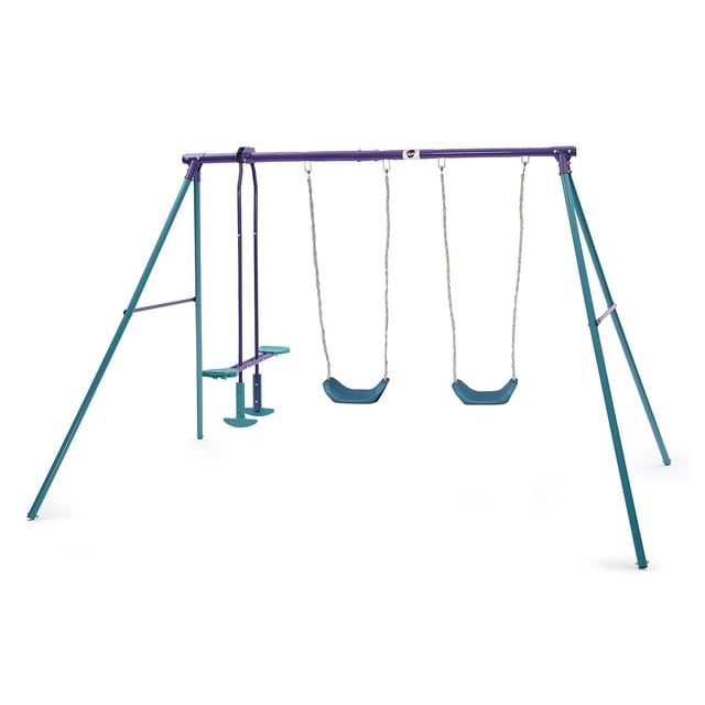 Plum Jupiter Double Swing Set and Glider with purple powder-coated steel frame and teal legs, featuring two blue swing seats with soft ropes and a teal two-seat glider, constructed from rust-resistant galvanized steel with adjustable height seats for outdoor play.