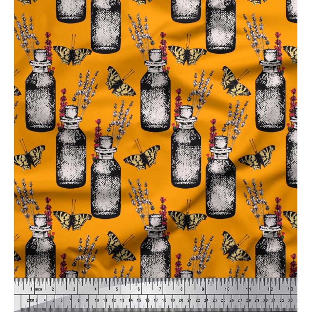 Soimoi Orange Moss Georgette Fabric Insect,Lavender & Vintage Bottle Print Fabric by Yard 42 Inch Wide