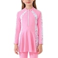 thumbnail image 3 of Xijirk Girls Two Piece Swimsuit Long Sleeve Rash Guard and Swim Shorts Zipper Front Floral Print Practical Swimwear for Beach Pool and Use,Pink,9-10 Years, 3 of 9