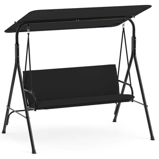 Gymax 3-Seat Outdoor Patio Swing Chair w/ ArmrestsAdjustable Tilt Canopy & Stand Black