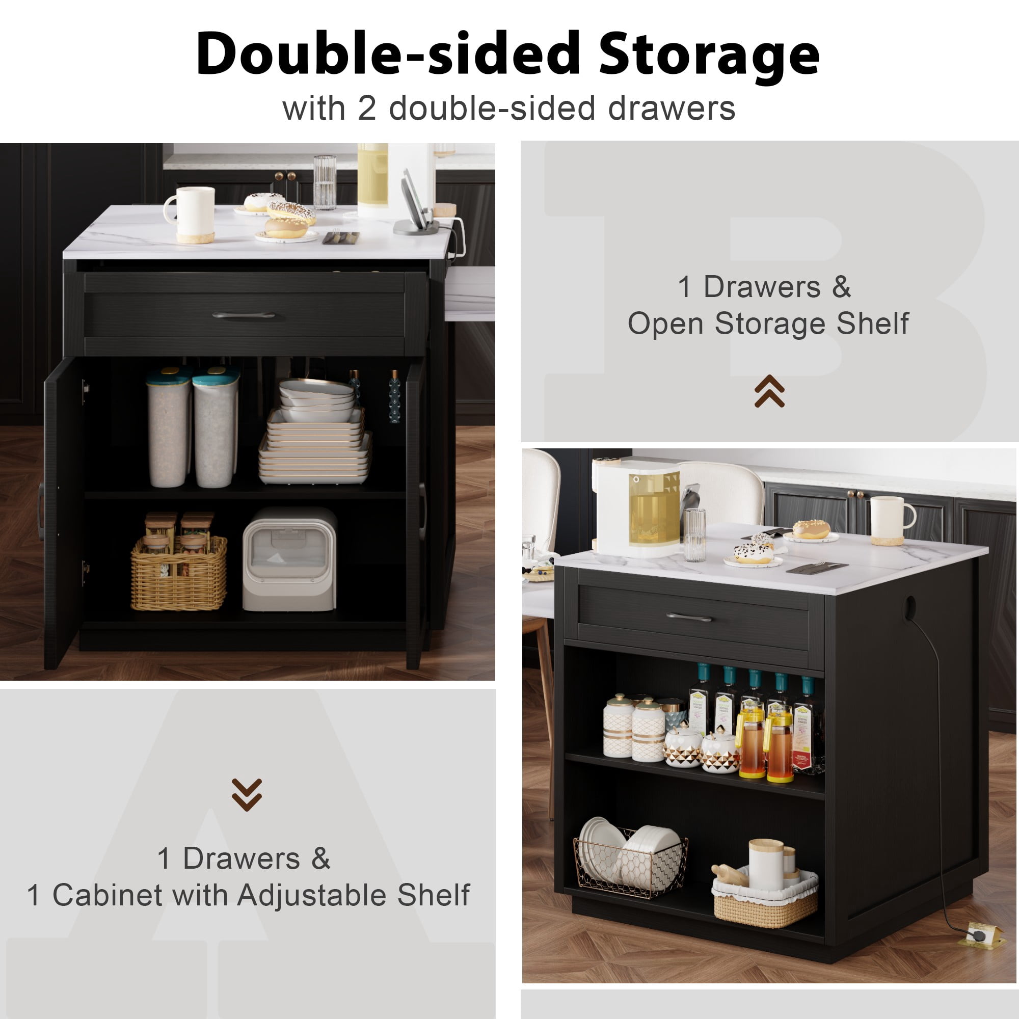 Îlot de cuisine Noble House 82,7 po avec table à manger extensible pour 4 à 6 personnes, noir