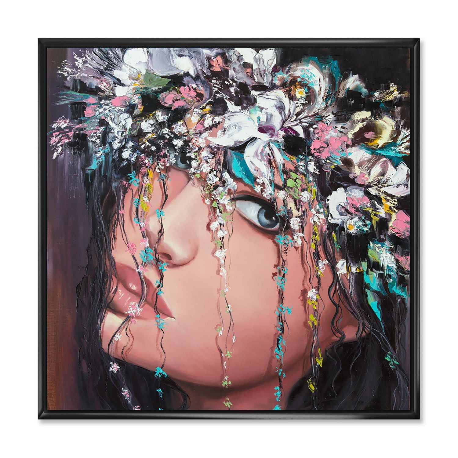Designart Portrait Of A Young Lady With Flowers II FLOAT FRAME WALL ART