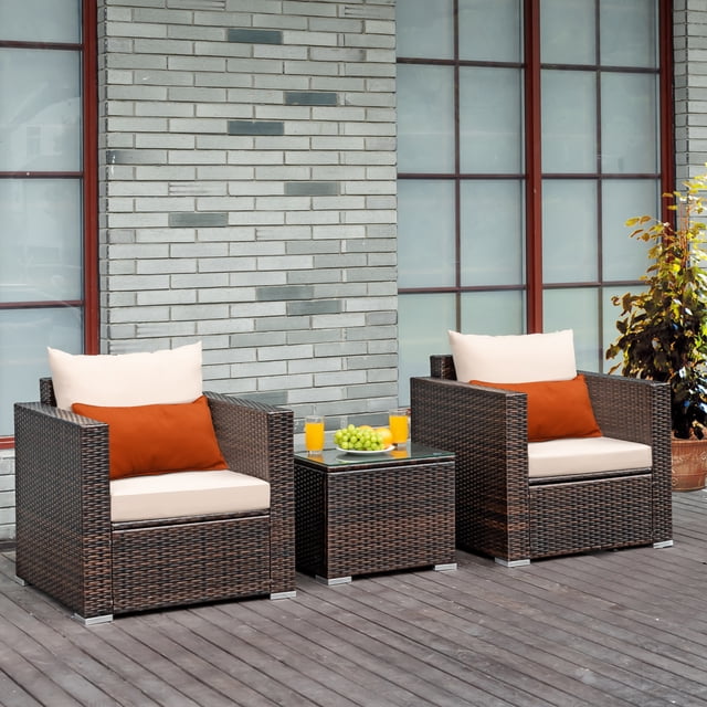 Gymax Ensemble de Mobilier d'Extérieur en Rotin pour Patio 3 Pcs avec Canapé Coussiné et Table Basse