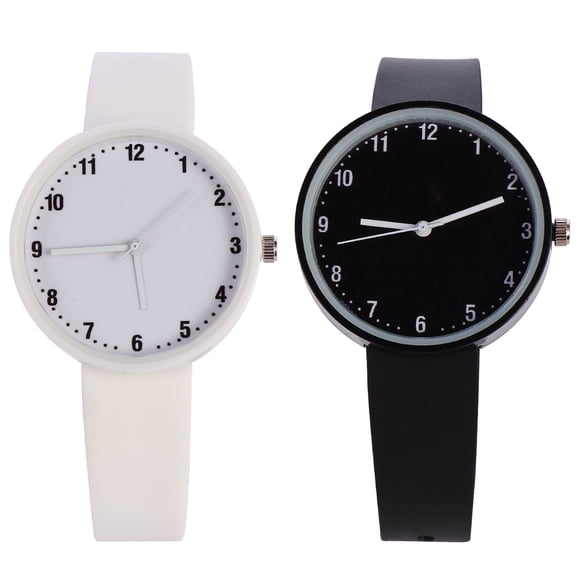 Miangastore 2pcs Girls Solid Color Watch Fashionable Wrist Watch Student Gift (White, Black)