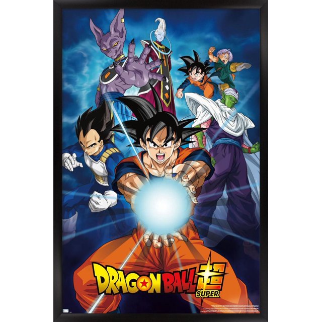 Dragon Ball Super - Affiche Murale de Groupes, 22,375 Pouces x 34 Pouces Encadrée, Représentant des Personnages Principaux de l'Anime Incluant Goku en gi orange Chargant une Explosion d'Énergie, Vegeta en Armure Bleue et Blanche, Piccolo en Violet avec cape Blanche, Trunks en Vert, Beerus la Divinité Violette, et Whis en robes Rouges et Noires, sur un Fond Cosmique Bleu avec le logo Dragon Ball Super au Bas, Idéal pour Décorer des Chambres, des Bureaux Ou des Dortoirs