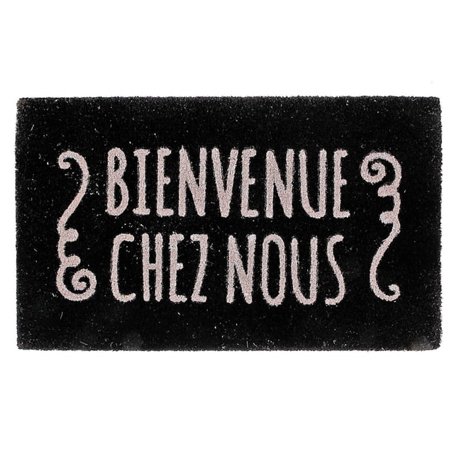 Coir Door Mat (Bienvenue Chez Nous) rectangular black coir doormat with beige BIENVENUE CHEZ NOUS text and decorative swirls, designed to absorb moisture and dirt at home entrances and indoor spaces.