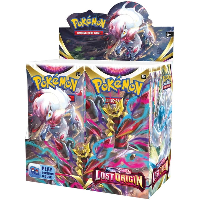 Pokemon Sword & Shield Lost Origin Booster Box showcasing Giratina VSTAR and other Pokémon from the Lost Zone expansion. The box contains multiple trading card booster packs with colorful designs featuring Hisuian Zoroark, Radiant Gardevoir, and Kyurem VMAX. Ideal for Pokémon TCG enthusiasts aged 6 and up.