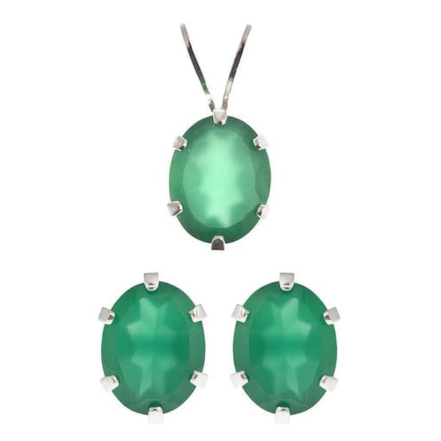 Ensemble de Boucles d'Oreilles Pendentif en Topaze Onyx Vert Argent avec Pierres Précieuses Onyx Vert Ovale 9x7 mm en Argent sterling avec Placage rhodium, Incluant un Pendentif sur une Chaîne et des Clous d'Oreilles Assortis, Idéal pour les Ensembles de Bijoux et pour Ajouter de la Couleur à Toute Tenue.